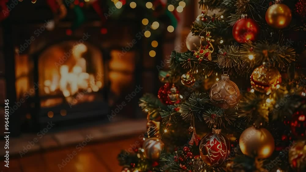 Close-up of a decorated Christmas tree with warm lights, ornaments and a fireplace in the background.