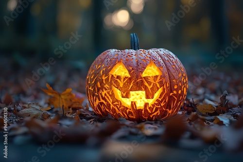 Frontal view of a meticulously carved pumpkin, glowing warmly as an autumn lantern, surrounded by fallen leaves, photorealistic details, rich autumnal colors, soft evening light photo