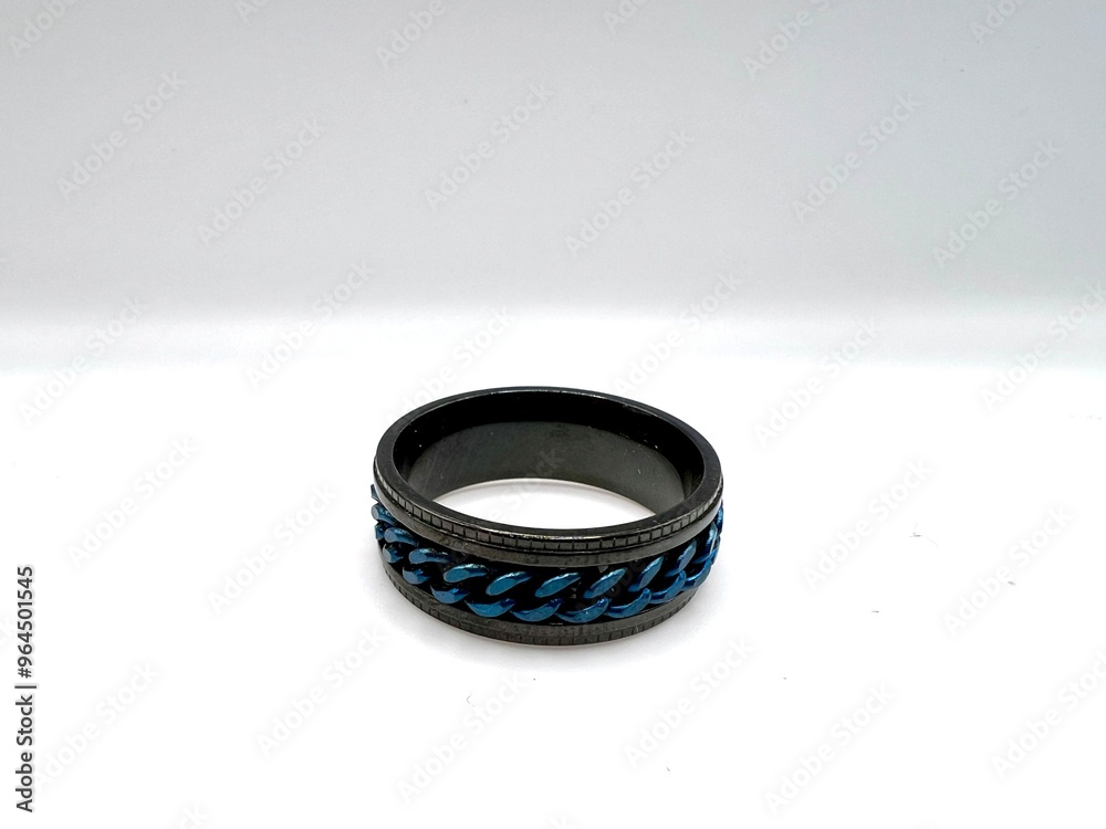Black ring with blue chain inlay Black ring with blue chain inlay