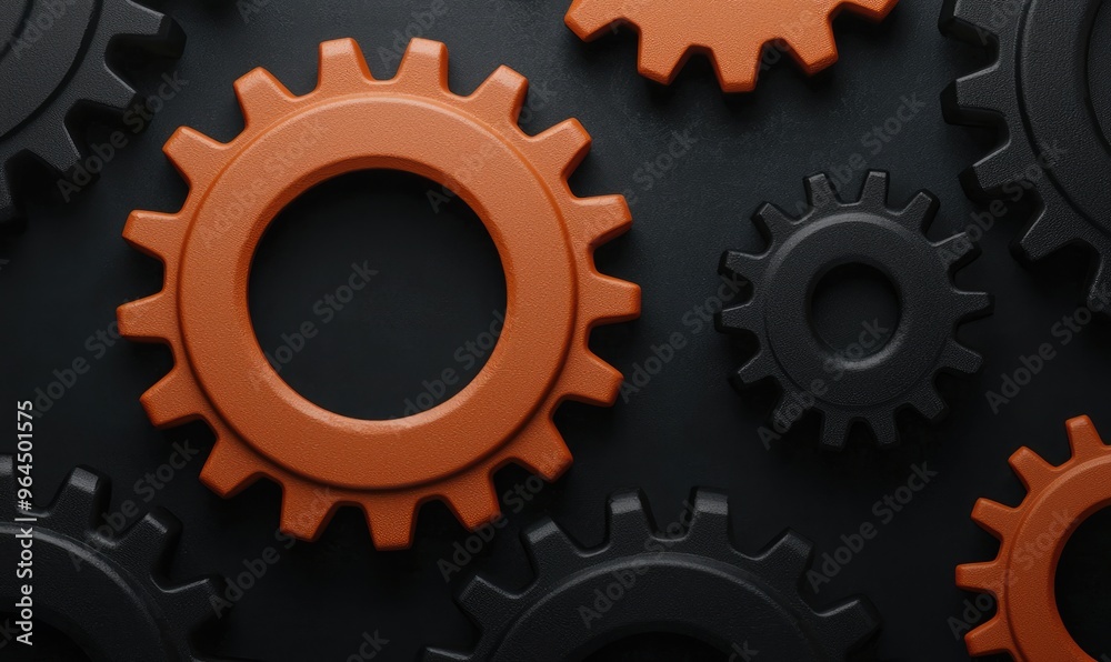Close-up of various interlocking gears in different sizes, showcasing mechanical engineering and teamwork concept against a dark background. Close-up of various interlocking gears in different sizes, showcasing mechanical engineering and teamwork concept against a dark background.