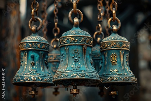 Antique bronze bells hanging in a row, showcasing intricate details, displayed outdoors in a historic location during daylight