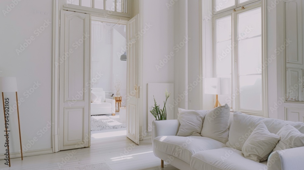 A bright, airy living space with white furniture and soft natural lighting, exuding a sense of elegance and comfort, with a view into another sunlit room.