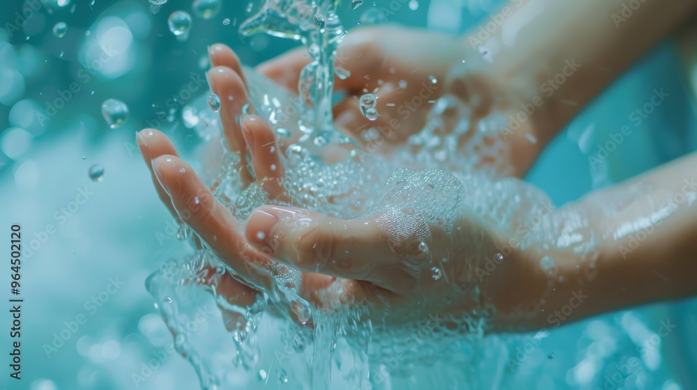 Fototapeta premium Gentle hands gracefully cupping and playing in a refreshing stream of water, emphasizing purity and tranquility.