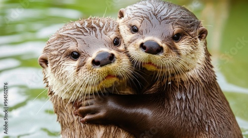 Two otters hugging each other in the water with their eyes closed, AI photo