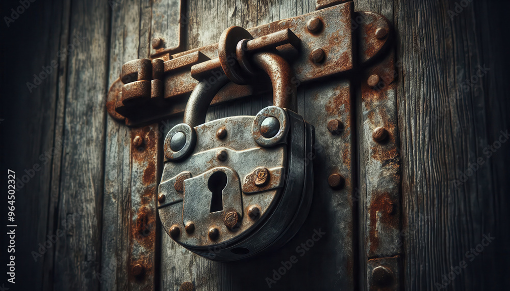 Rusty padlock on an old wooden door Rusty padlock on an old wooden door