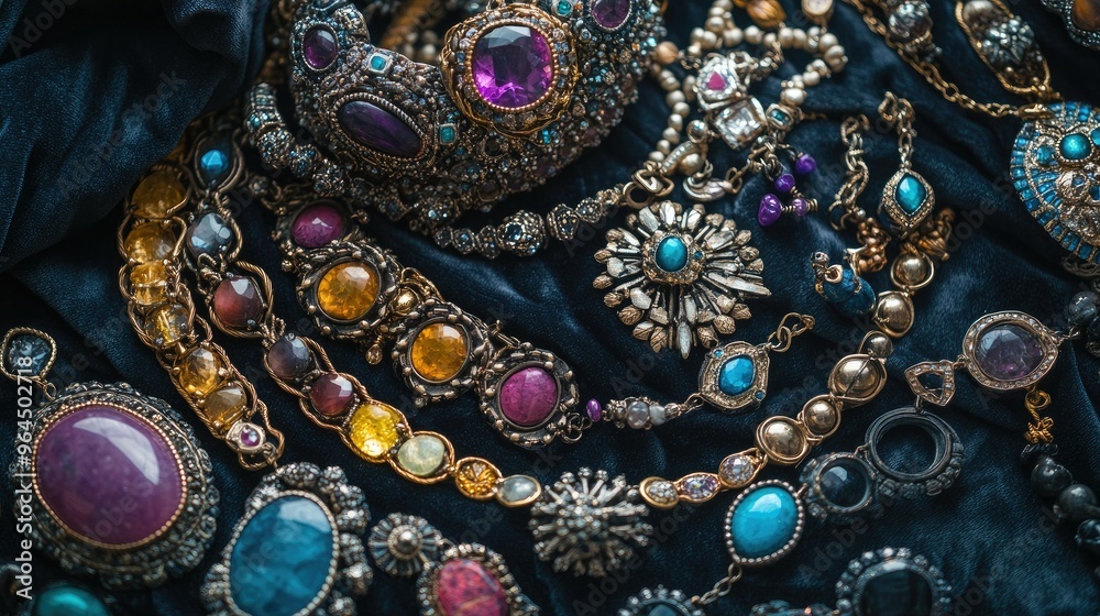 A close-up flat lay of colorful gemstone rings, intricate bangles, and charm necklaces, artfully arranged on a dark velvet cloth. A close-up flat lay of colorful gemstone rings, intricate bangles, and charm necklaces, artfully arranged on a dark velvet cloth.