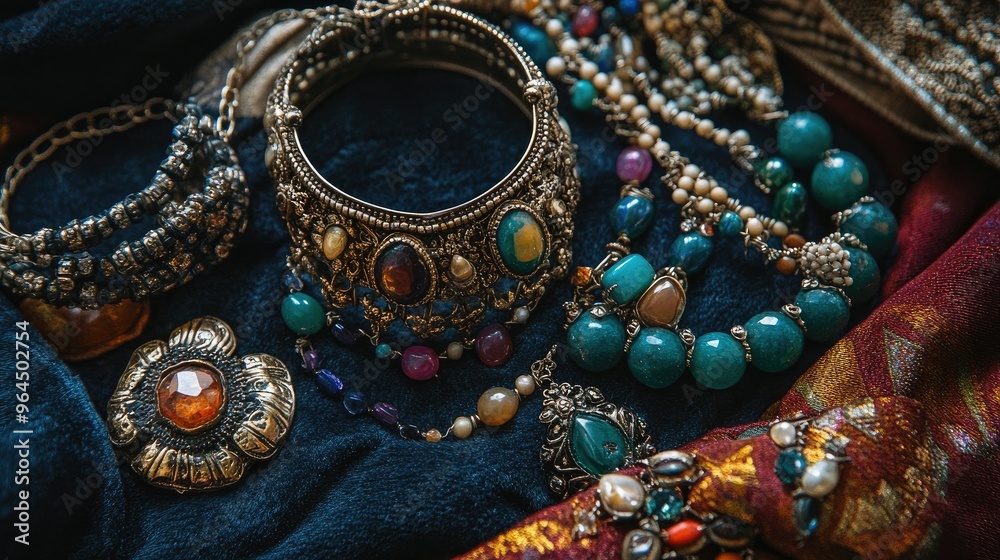 A close-up flat lay of colorful gemstone rings, intricate bangles, and charm necklaces, artfully arranged on a dark velvet cloth. A close-up flat lay of colorful gemstone rings, intricate bangles, and charm necklaces, artfully arranged on a dark velvet cloth.