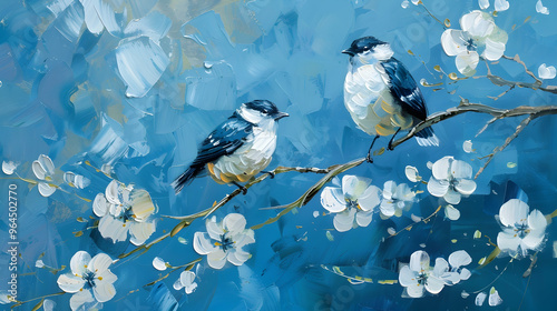 Wallpaper Mural Two birds on a tree with white flowers oil painting, blue background, printable interior wall art. Torontodigital.ca