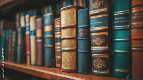 A close-up of a classic hardback book with gold lettering on the spine, sitting on a library shelf among other vintage books.