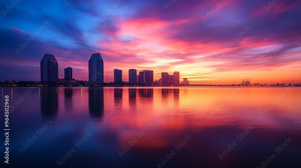 City Skyline Reflected in Calm Waters at Sunset