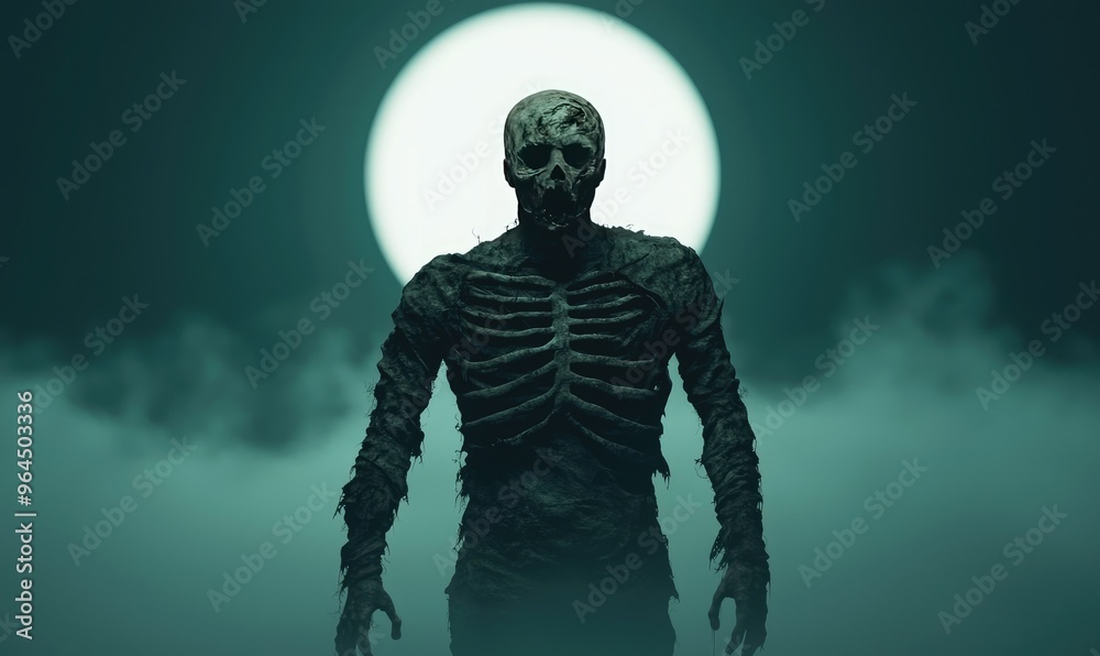 Eerie skeleton figure standing in foggy moonlit background, perfect for Halloween or horror themes. Eerie skeleton figure standing in foggy moonlit background, perfect for Halloween or horror themes.