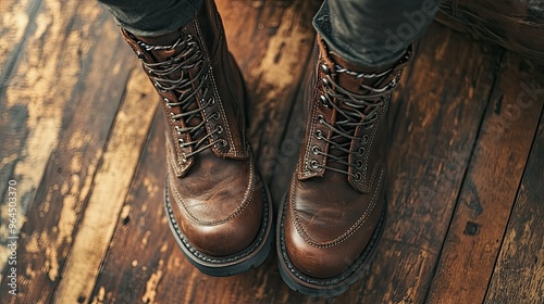 A close-up of bold leather combat boots with intricate detailing, placed on a textured wooden floor for a rugged yet modern look.