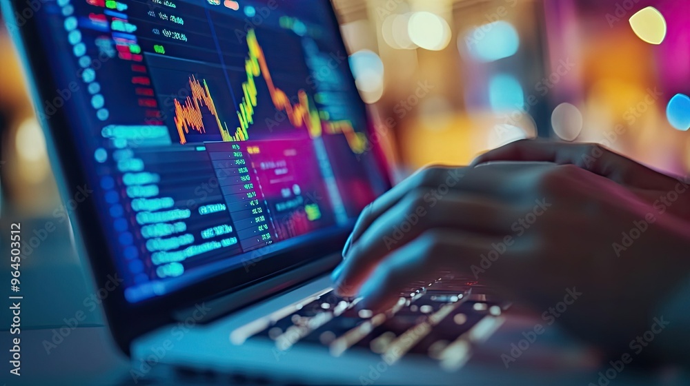 A close-up of hands typing on a laptop displaying financial software, with colorful graphs, stock charts, and analytics tools on the screen. A close-up of hands typing on a laptop displaying financial software, with colorful graphs, stock charts, and analytics tools on the screen.