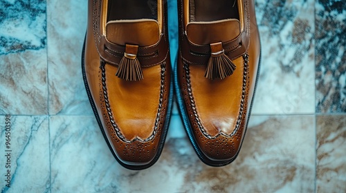 A close-up of stylish leather loafers with tassels, placed on a marble floor, highlighting luxury footwear fashion.