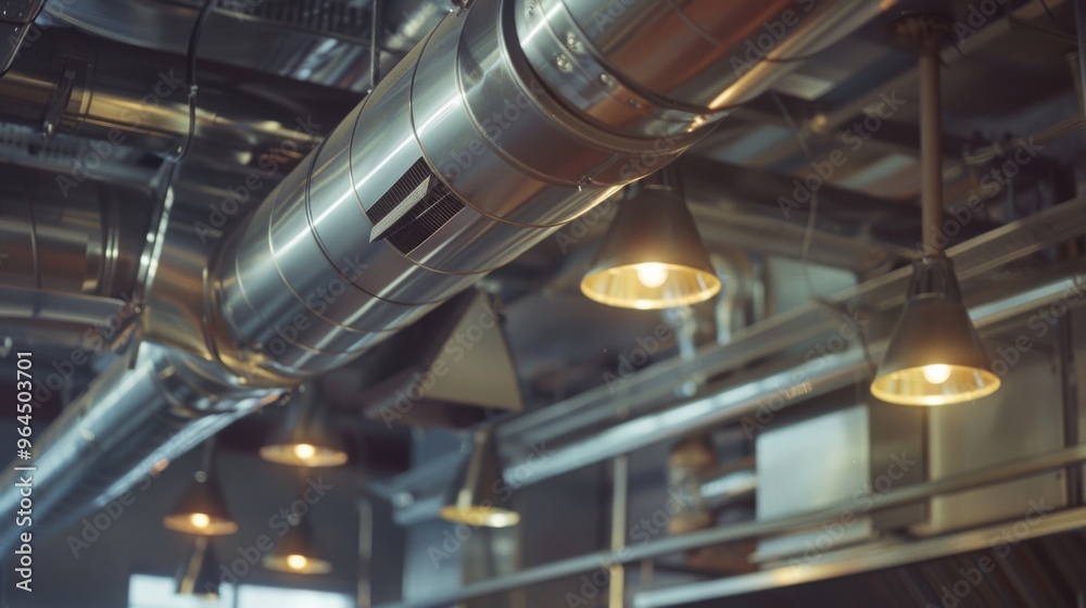 Industrial ceiling view with robust metallic ducting and modern lighting fixtures enhancing the urban aesthetic. Industrial ceiling view with robust metallic ducting and modern lighting fixtures enhancing the urban aesthetic.