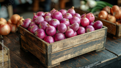 Onions in wooden basket in market