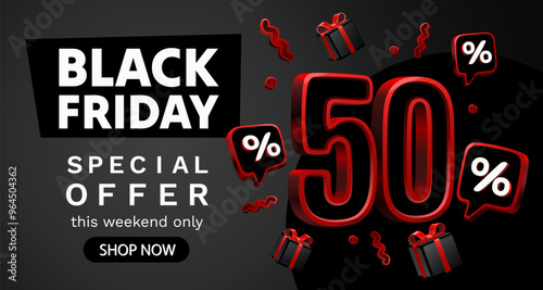 Black Friday 50 percent, special offer, discount flyer. Vector illustration