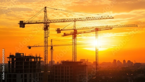 Silhouettes of Construction Cranes Against a Vibrant Sunset