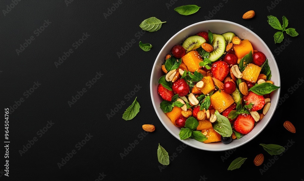 Fresh and colorful fruit salad in a white bowl on a black background, garnished with mint leaves and nuts. Fresh and colorful fruit salad in a white bowl on a black background, garnished with mint leaves and nuts.