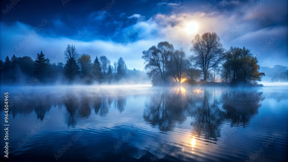 Mysterious misty water surface reflecting fog in the dark of night Mysterious misty water surface reflecting fog in the dark of night