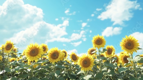 Blissful Day Among Sunflowers - Vibrant Blooms in Lush Field under Clear Blue Sky