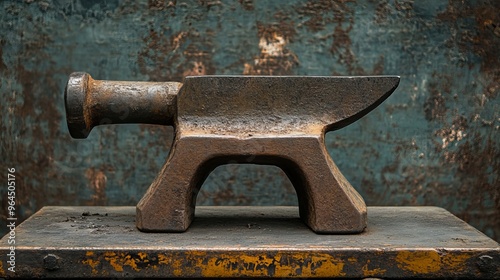 Compact anvil used by blacksmiths rests on a metallic surface, showcasing its traditional, rustic design. 