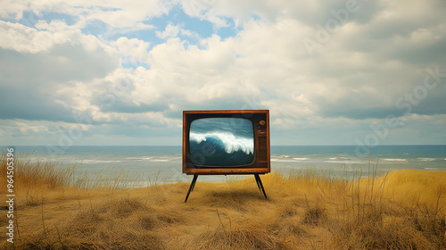 A vintage television set standing in the middle of a field, broadcasting scenes of a stormy ocean while the actual surroundings are calm and sunny