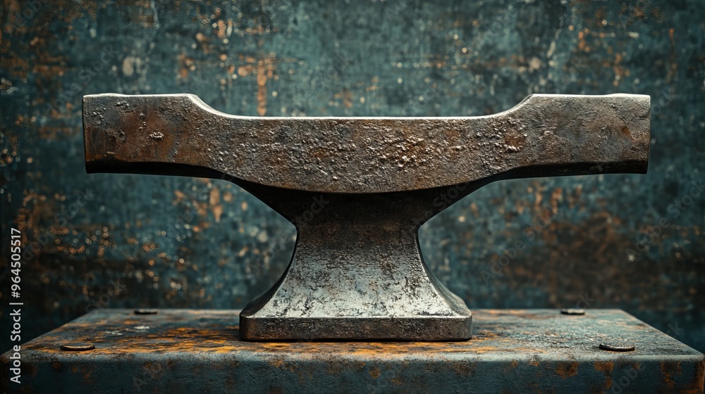 Compact anvil used by blacksmiths rests on a metallic surface, showcasing its traditional, rustic design. Compact anvil used by blacksmiths rests on a metallic surface, showcasing its traditional, rustic design.