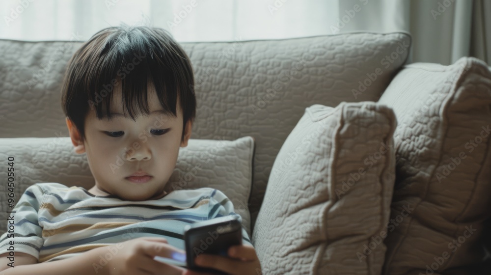 A young child sitting on a couch with a smartphone, deeply engrossed, surrounded by soft cushions in a cozy living room setting. A young child sitting on a couch with a smartphone, deeply engrossed, surrounded by soft cushions in a cozy living room setting.