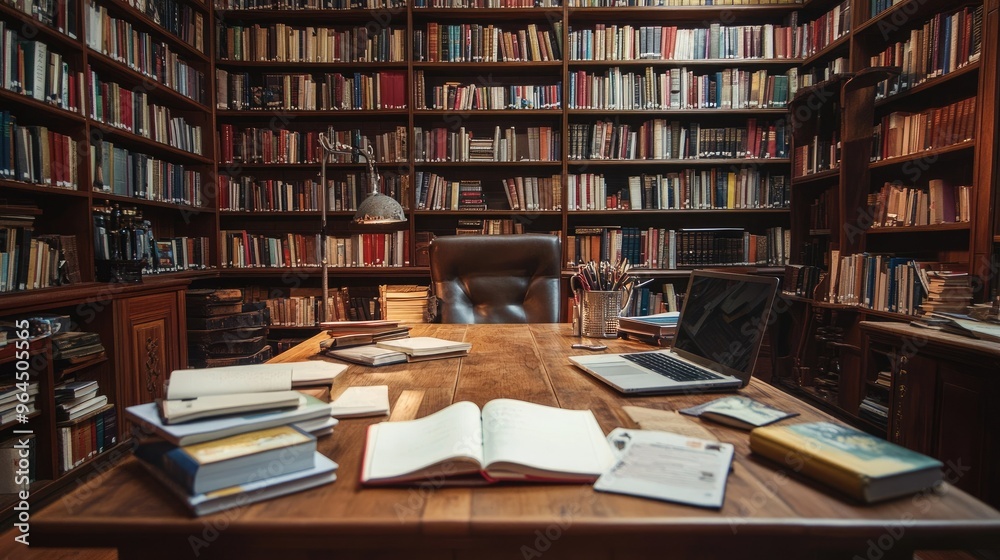 A large wooden library table with open books, notebooks, and a laptop, set against a backdrop of towering shelves filled with books. A large wooden library table with open books, notebooks, and a laptop, set against a backdrop of towering shelves filled with books.