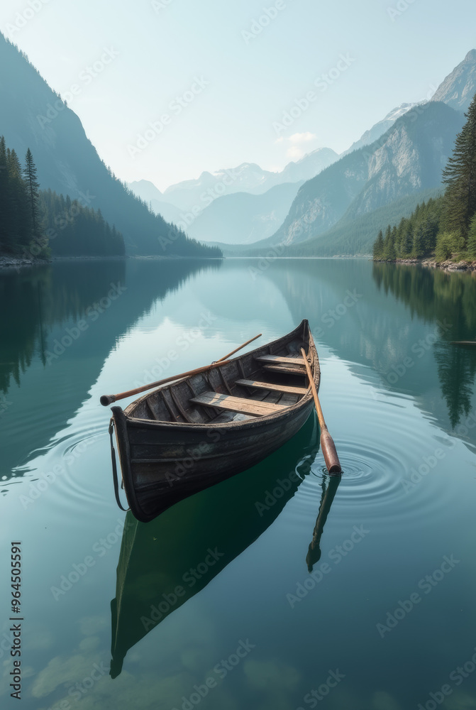 Ruhige Landschaft mit einem einsamen Boot auf einem stillen See Ruhige Landschaft mit einem einsamen Boot auf einem stillen See