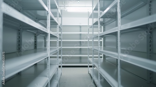 A symmetrical view of open, empty shelves in a quiet, expansive storage space, creating a sense of order and readiness for future use.