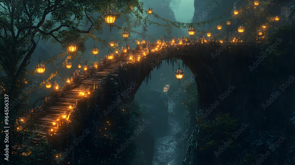 A bridge made of vines stretching across a deep canyon, with glowing lanterns hanging from its arches, lighting the path A bridge made of vines stretching across a deep canyon, with glowing lanterns hanging from its arches, lighting the path