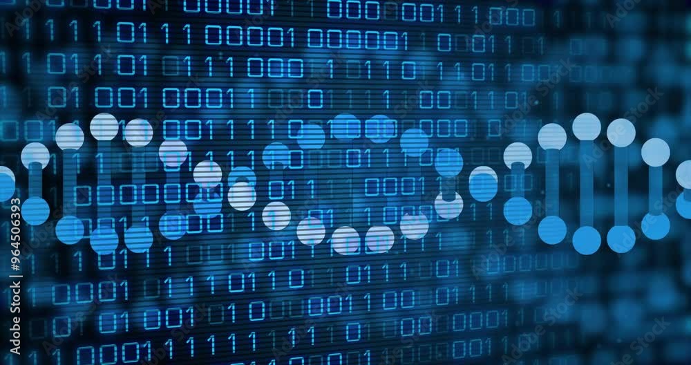 Animation of dna strand over data processing on black background