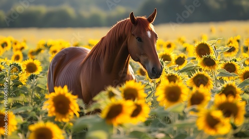 Majestic Horse Amidst Blooming Sunflower Field in Countryside Landscape