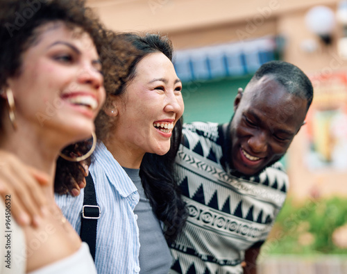 fun friend street woman walking young friendship happy together smiling female man happiness urban travel fashion summer group girl