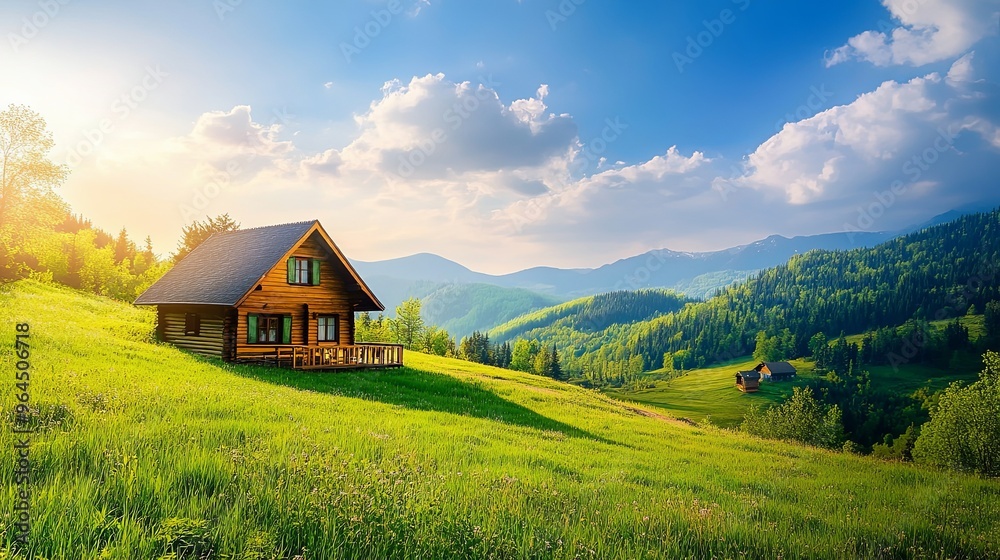 A serene summer afternoon landscape featuring a sunlit wooden cabin surrounded by a peaceful meadow under clear blue skies. A serene summer afternoon landscape featuring a sunlit wooden cabin surrounded by a peaceful meadow under clear blue skies.
