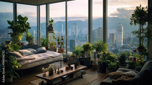 Modern urban homestay with stylish decor, large windows, and a panoramic city view, with lush indoor plants