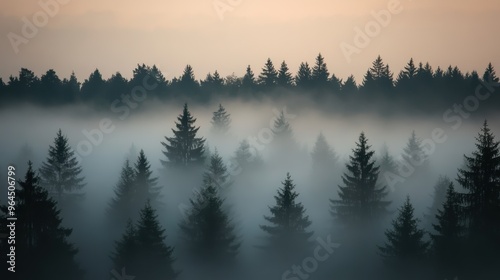 Mystical Pine Forest Enveloped in Rolling Fog - Serene Nature Landscape with Silhouettes of Trees Vanishing in Misty Atmosphere