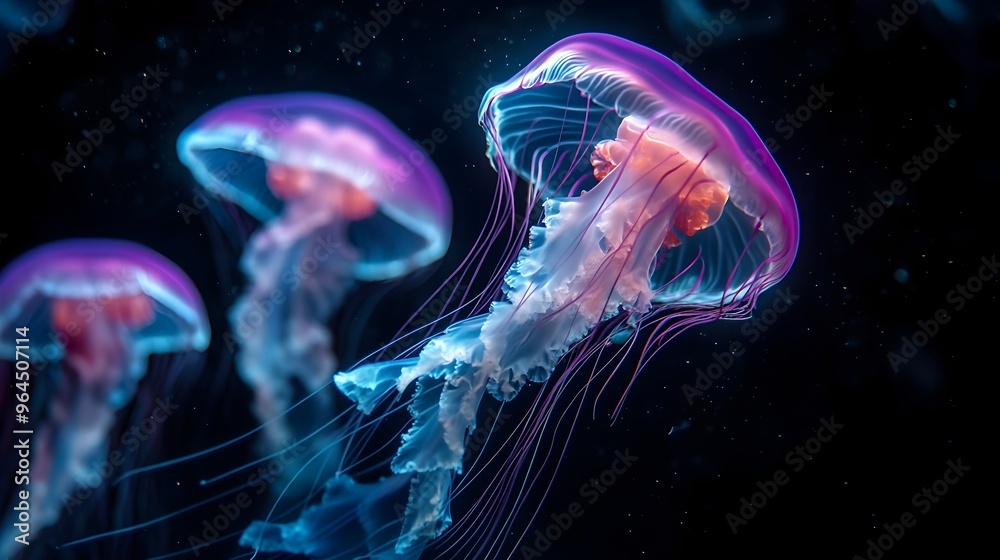 Fototapeta premium Mesmerizing Bioluminescent Jellyfish Dance in the Ethereal Underwater World