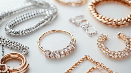 A sophisticated display of gold hoop earrings, silver chains, and crystal-studded bracelets, arranged on a minimalist white background.