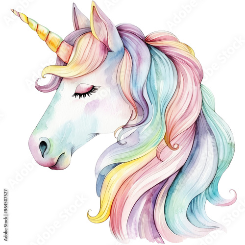 Watercolor unicorn with a rainbow-colored mane, perfect for fantasy-themed designs, kids' products, and whimsical artwork. photo