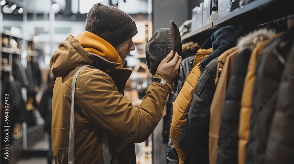 Man Shopping for Winter Jackets and Hats in Trendy Outerwear Store Man Shopping for Winter Jackets and Hats in Trendy Outerwear Store