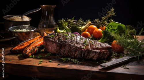 A beautifully grilled steak with perfect char marks, resting on a wooden cutting board, garnished with fresh herbs and accompanied by a side of roasted vegetables.