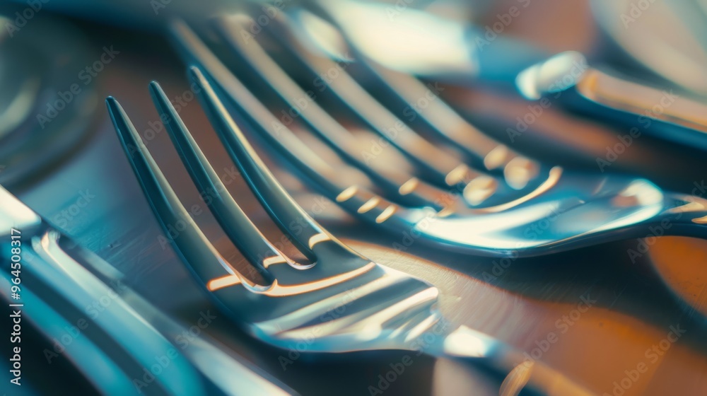A series of gleaming silver forks are artfully arranged in a close-up, reflecting light dramatically on the sleek, polished surface. A series of gleaming silver forks are artfully arranged in a close-up, reflecting light dramatically on the sleek, polished surface.