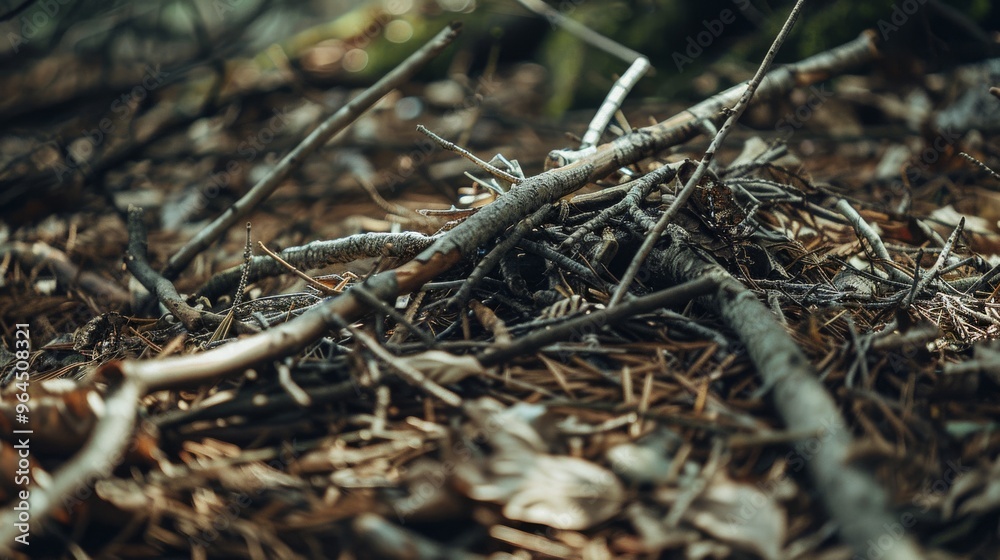 Close-up of twigs and pine needles scattered on the forest floor, capturing the essence of nature in fine detail. Close-up of twigs and pine needles scattered on the forest floor, capturing the essence of nature in fine detail.