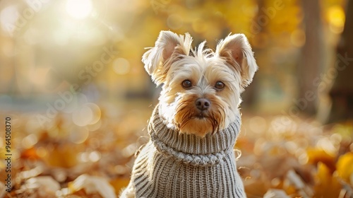 Adorable small dog in gray sweater surrounded by autumn leaves in sunlight, fall season concept photo