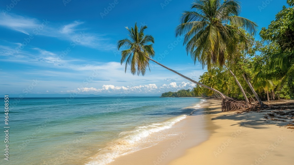Fototapeta premium Tropical Paradise - Isolated Beach with Palm Trees, Golden Sands, and Azure Waters