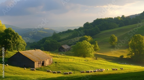 Idyllic Countryside Landscape with Sheep Grazing on Vibrant Rolling Hills and Rustic Barns