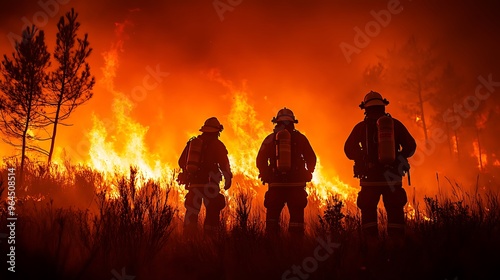 Firefighters battling a large forest fire 